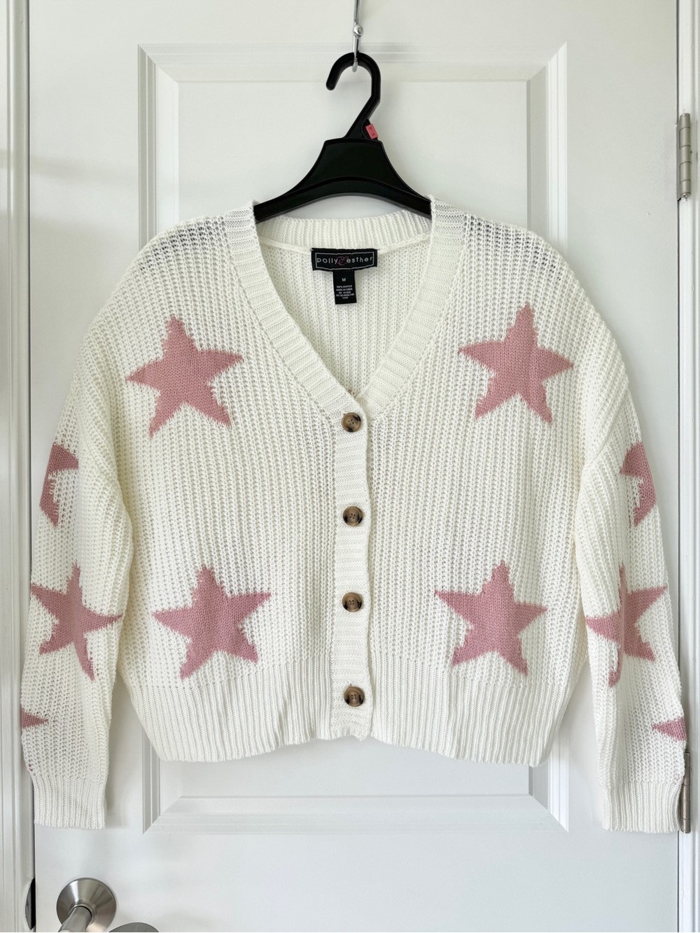 Polly & Esther Y2k Oversized Pink & White Star Knit Cardigan Sweater (in size M)